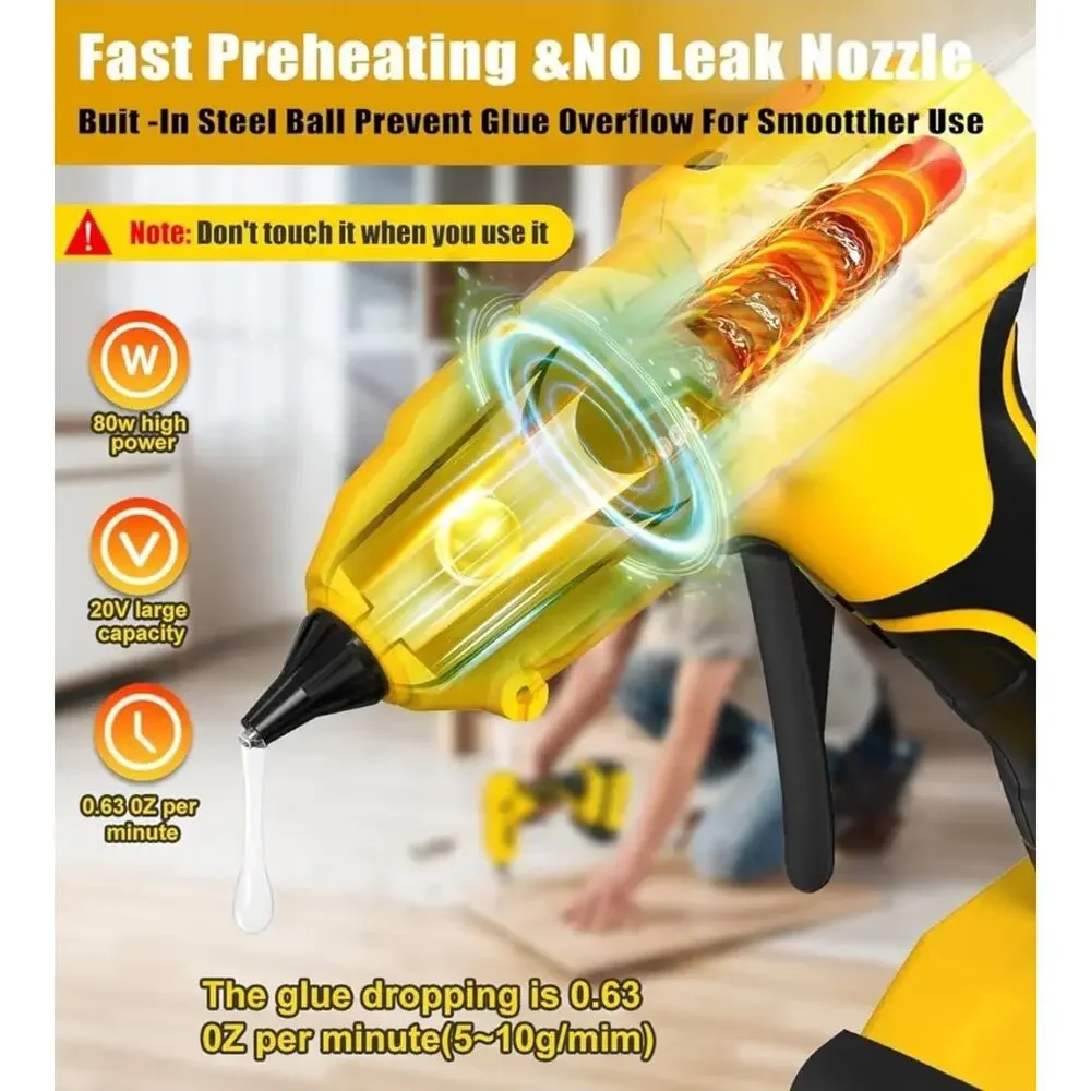 Cordless Glue Gun 100W for DeWalt 20V Battery, Tool Only & 10 Pcs 0.43